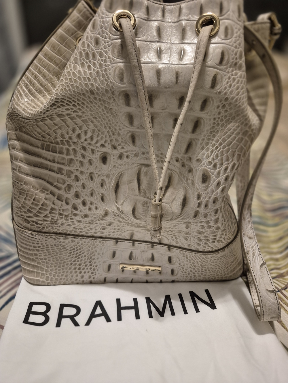 Brahmin Neutral Taupe Croc-Embossed Leather Drawstring Shoulder Bag